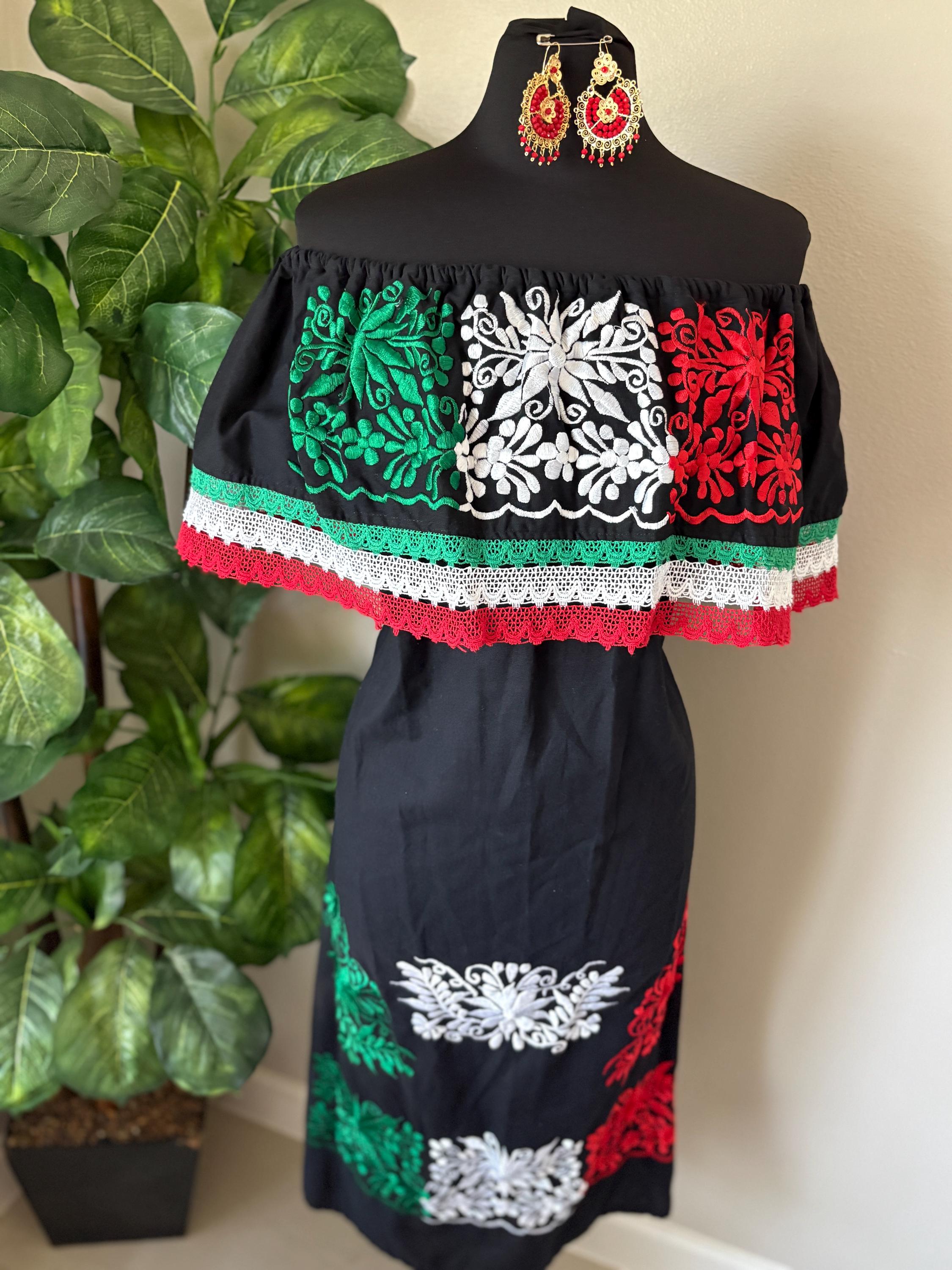 XL Mexican Dress: Red White Green Embroidered Off-Shoulder Fiesta Outfit XL Mexican Dress: Red White Green Embroidered Off-Shoulder Fiesta Outfit