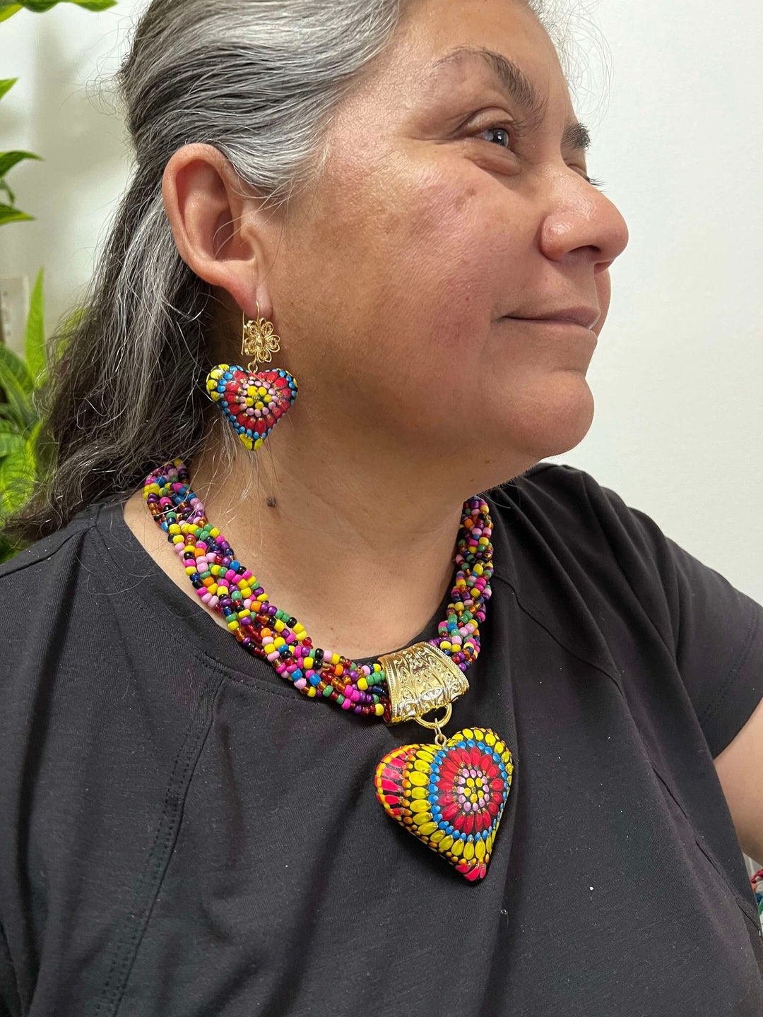 Hand Painted Artisanal Wooden Necklace Mexican Wooden Necklace