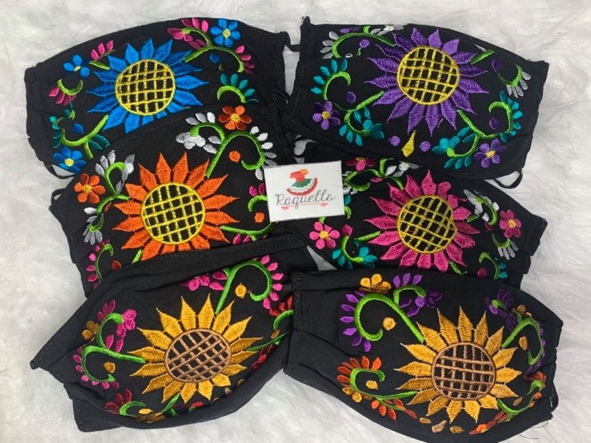 Embroidered Sunflower Face Mask - Mexican Cotton Handmade Mask