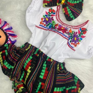 9-12 Months Baby Fiesta 3 piece Outfit: Sarape Bloomer, Hair bow, and Blouse - 1 year old Fiesta Outfit