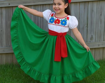 3 Piece Girls Dance Outfit, Folkloric skirt, embroidered blouse & matching belt