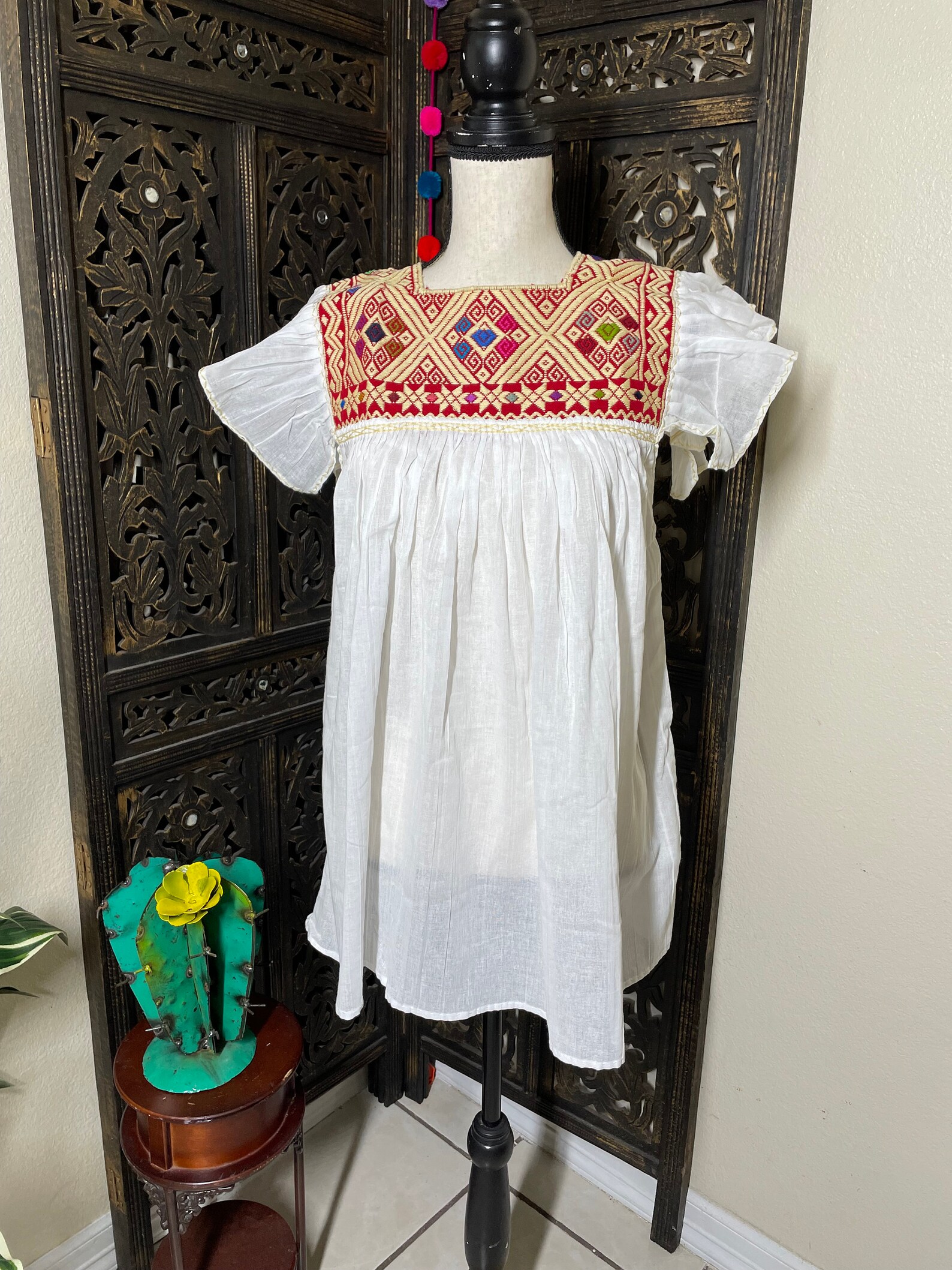 Chemisier Brodé Artisanal Nicaragua 100% Coton Taille 18 Blanc - Neuf Sans étiquettes