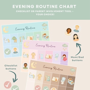 Könnte beinhalten: Ein "Abendroutine-Diagramm" mit hellgrünem Hintergrund. Das Diagramm zeigt Illustrationen von Schlafenszeitaktivitäten, Checklisten-Schaltflächen und "Mama/Papa"-Schaltflächen. Der Text lautet "Abendroutine" und "Herunterladen - Drucken - Schneiden - Laminieren - Spielen!"