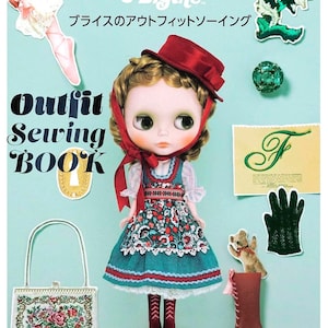 May include: A Blythe doll wearing a teal dress with a floral pattern, red trim, and a matching red hat. The image includes a handbag, a boot, a glove, and a sewing book titled "Outfit Sewing Book".