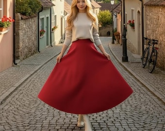 Gonna lunga rossa, gonna lunga in lana, gonne invernali con tasche, outfit natalizio per donna, gonne in finta lana