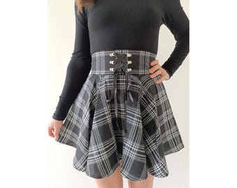 Black Plaid Pleated Mini Skirt: Flannel Skater Style