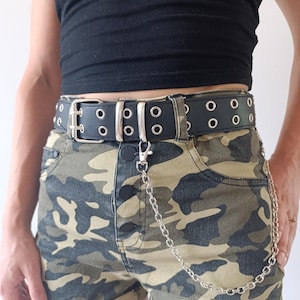 Black Faux Leather Double Grommet Belt: Punk Rocker Style with Chain
