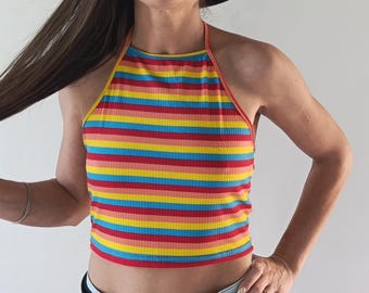Rainbow Striped Halter Crop Top: Bohemian Festival Pride Outfit