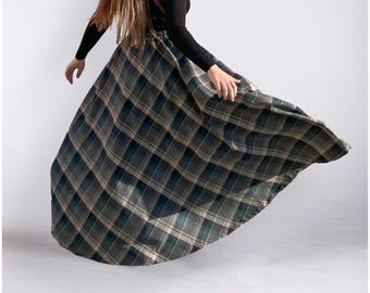 Gonna lunga in lana scozzese con tasche - Gonna svasata invernale a ruota
