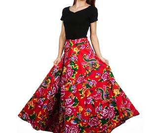 Gonna lunga in cotone rosso Gonne lunghe Boho floreali da donna Gonne Boho gypsy con fiori Gonna Hippie lunga fino al pavimento