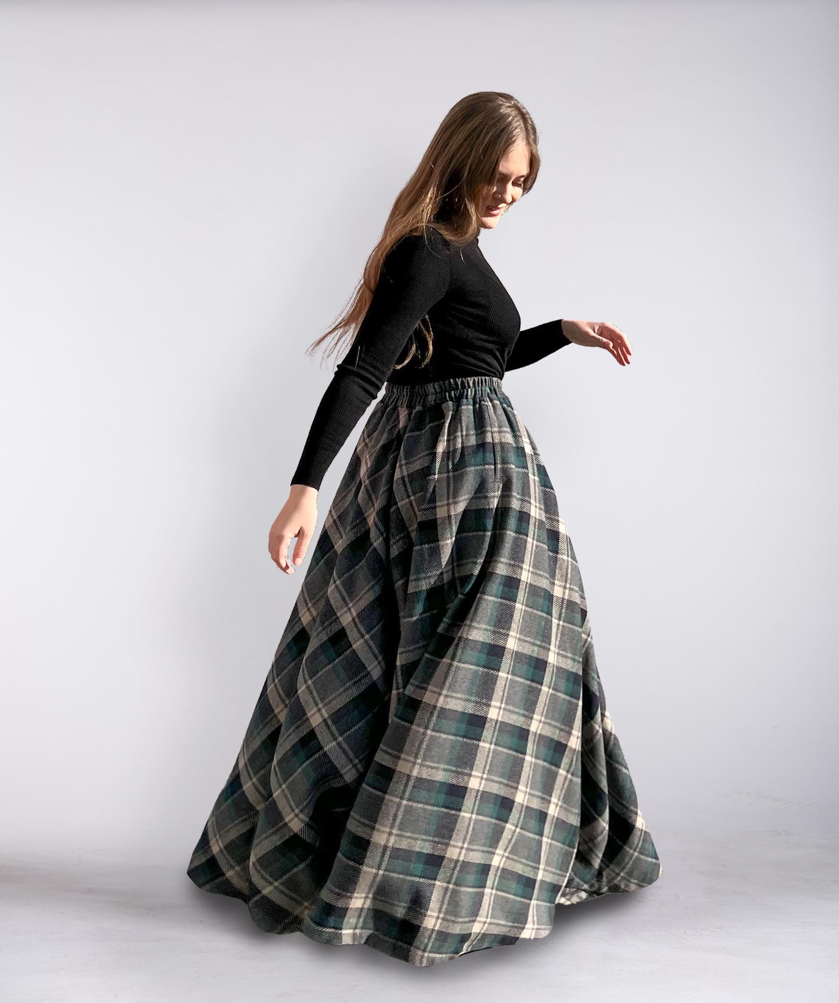 Long Wool Plaid Skirt Maxi Tartan Skirt with Pockets Long Winter Skirt Women Floor Length Skirts
