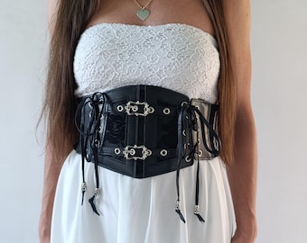 Black Faux Leather Corset Belt: Wide Underbust Waist Cincher