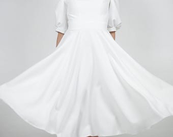 Midi Wedding Dress: Puffy Sleeves, Open Back, Minimalist Bridal Reception Dress