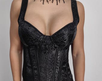 Black Overbust Corset Top: Plus Size Renaissance Corset with Straps