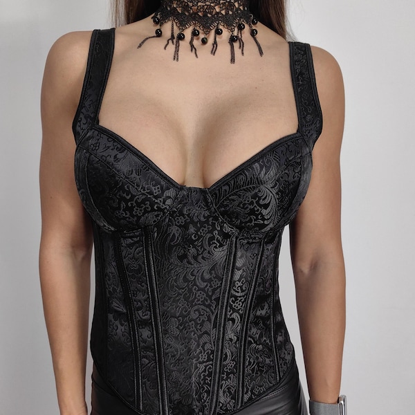 Black Overbust Corset Top: Plus Size Renaissance Corset with Straps