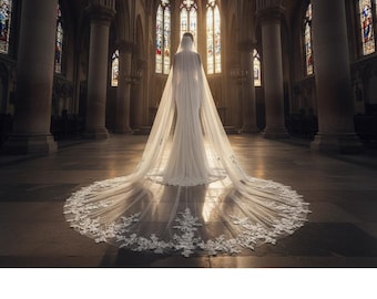 Velo da sposa a cattedrale Veli lunghi in pizzo Velo floreale a un solo strato con pettine Velo da sposa con decorazione del bordo