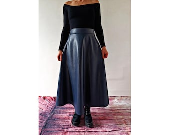 Navy Blue Faux Leather Flare Skirt: Women's A-Line Long Skirt