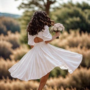 Simple wedding dress with sleeves Minimalist Bridal gown Boho wedding dress for bride Open back white dress with puff sleeves