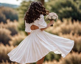Simple wedding dress with sleeves Minimalist Bridal gown Boho wedding dress for bride Open back white dress with puff sleeves