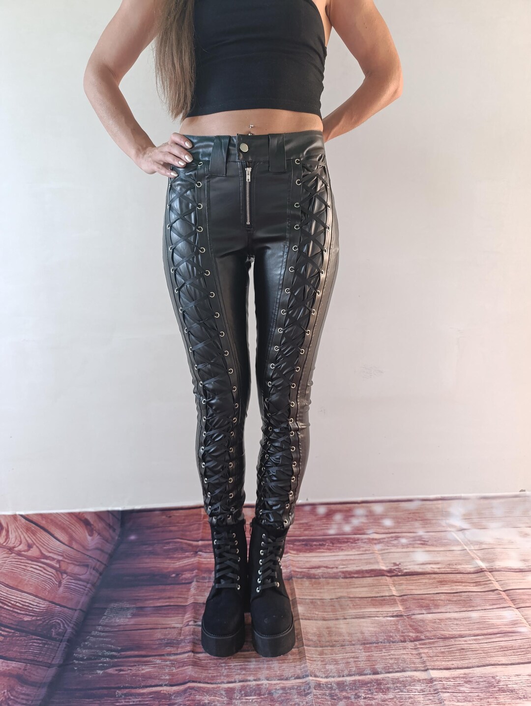 Black Faux Leather Lace-up Pants: Steampunk Biker Trousers - Etsy