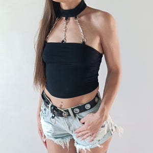 Gothic Halter Crop Top: Black Rave Festival Clothing