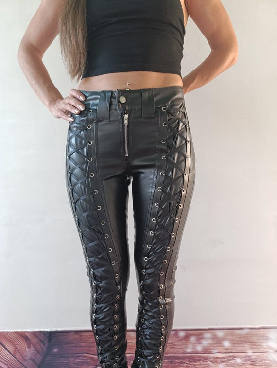 Black Faux Leather Lace-up Pants: Steampunk Biker Trousers - Etsy
