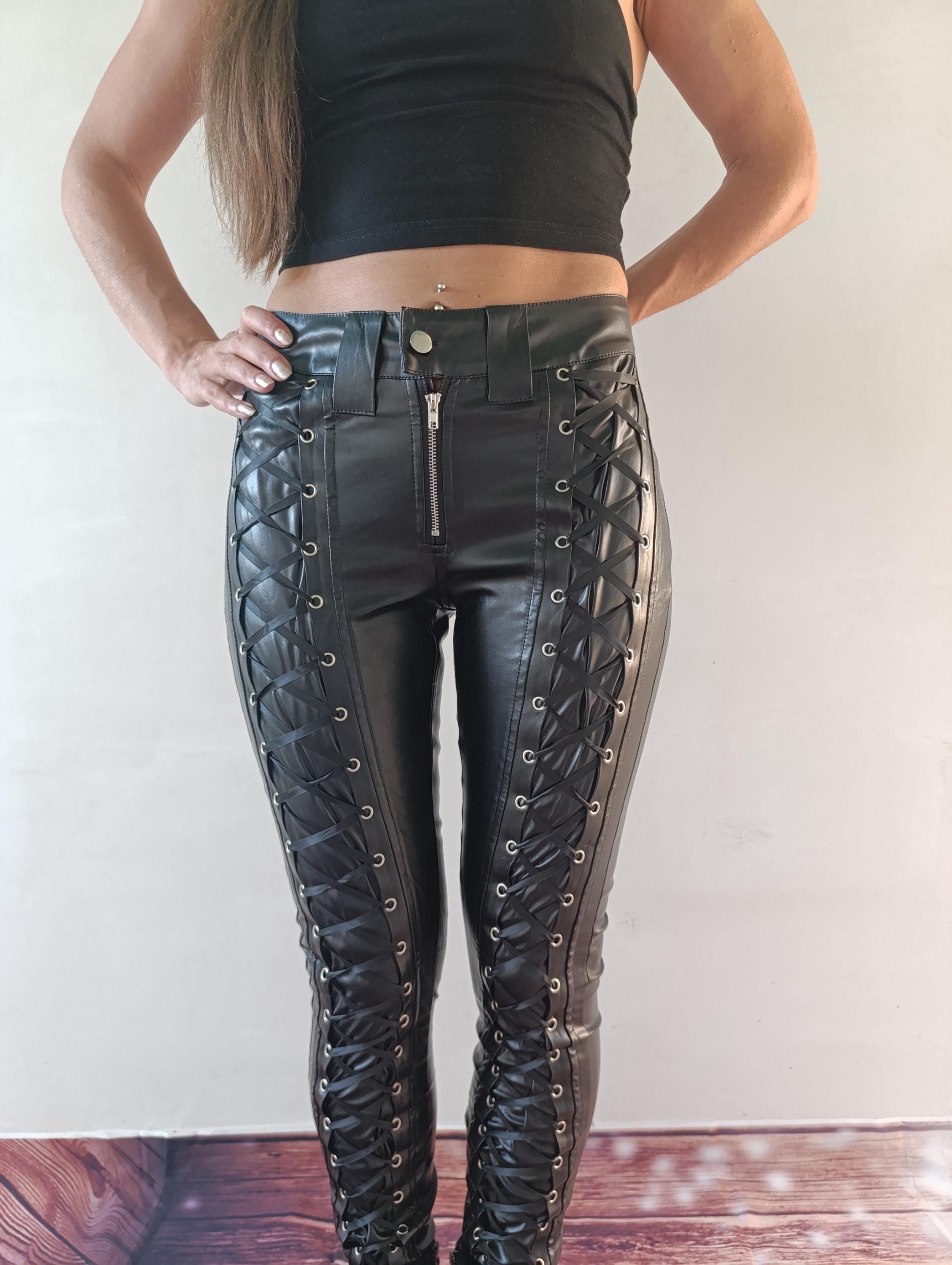Black Faux Leather Lace-up Pants: Steampunk Biker Trousers - Etsy
