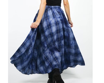 Gonna lunga in lino scozzese blu: gonna a ruota scozzese personalizzata