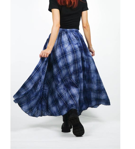 Blue Plaid Linen Maxi Skirt: Custom Tartan Circle Skirt