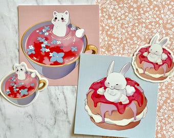 Kawaii Cat and Bunny Cafe Prints and Stickers, Matte Vinyl