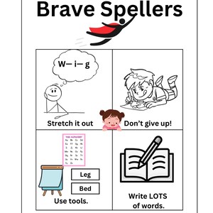 May include: A black and white illustration of a superhero flying with a red cape. The image is titled "Brave Spellers". The illustration is divided into four sections with tips for spelling words. The tips include "Stretch it out", "Don't give up", "Use tools", and "Write LOTS of words".