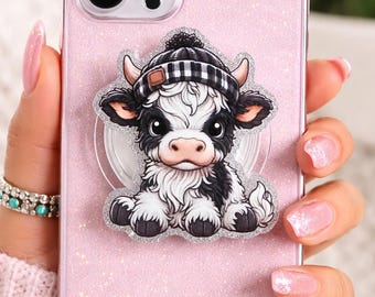 Pop Socket de Vaca: Gorro a Cuadros con Agarre para Teléfono con Contorno Brillante