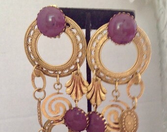 Vintage XL Violet Enamel Earrings with Hanging Metal Charms