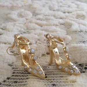 Vintage Bejeweled T Strap High Heel Shoes Earrings, Pierced