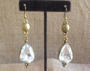 1980 Clear Glass Stone Matte Gold Color Drop Earring