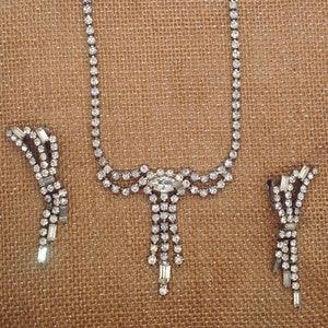Vintage 1950s Rhinestone Demi Parure, Cascading Style, Includes Clip on Earrings and Necklace