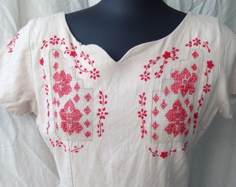 Handmade Red Embroidered 1950's Dress, Linen, Size Small