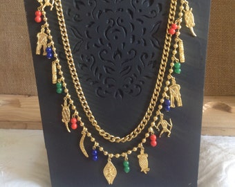 Vintage Double Chain Necklace with Charms of Aborigines of Australia and Color Beads