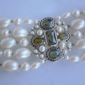 Vintage Monet Faux Pearl Bracelet and Drop Earrings Set With Blue and Green Stones