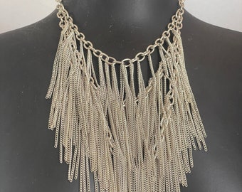 3 Tiers Metal Fringe Bib Necklace Silver Tone