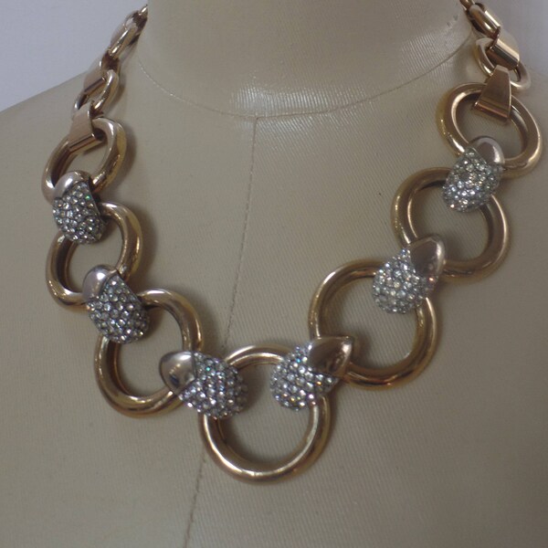 Chunky Gaudy Vintage 1980's Joan Collins Round Links Necklace with Clear Stones Detail