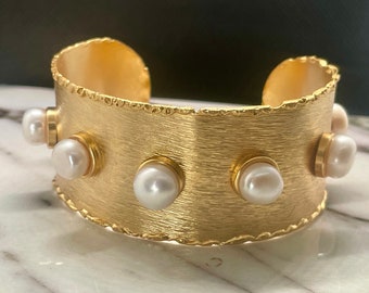 Matte Gold Cuff Bracelt with Faux Pearl Cabochons Detail