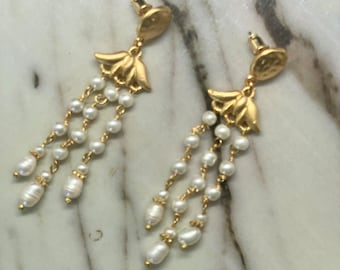 Faux Pearl Chandeliers with Matte Gold Findings and Detail