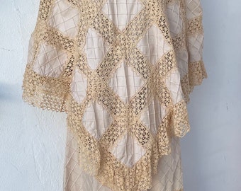 Vintage 1970's Boho Crochet Pin Tuck Mexican Dress with Matching Cover Up Poncho Style, Beige, Handmade Wedding Dress