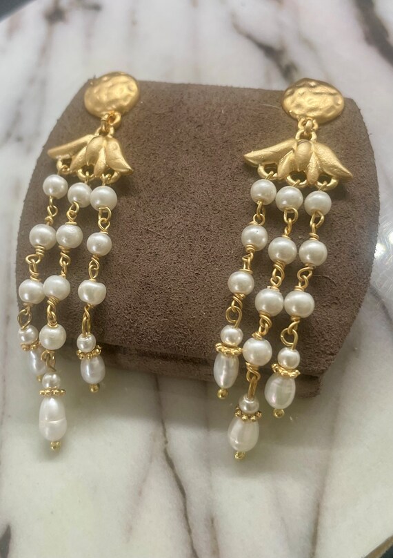 Faux Pearl Chandeliers with Matte Gold Findings a… - image 3