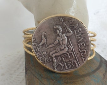 Cuff Bracelet and Ring, Roman Coins Design Matte Gold