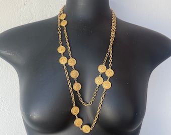 Vintage Trifari XL Gold Tone Necklace With Floral Round “Coins”