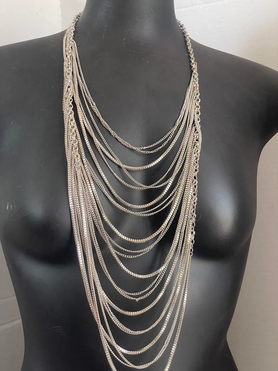 Silver Tone Metal Multichain Cascading Necklace R… - image 3