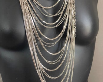 Silver Tone Metal Multichain Cascading Necklace Rock and Roll Vibe