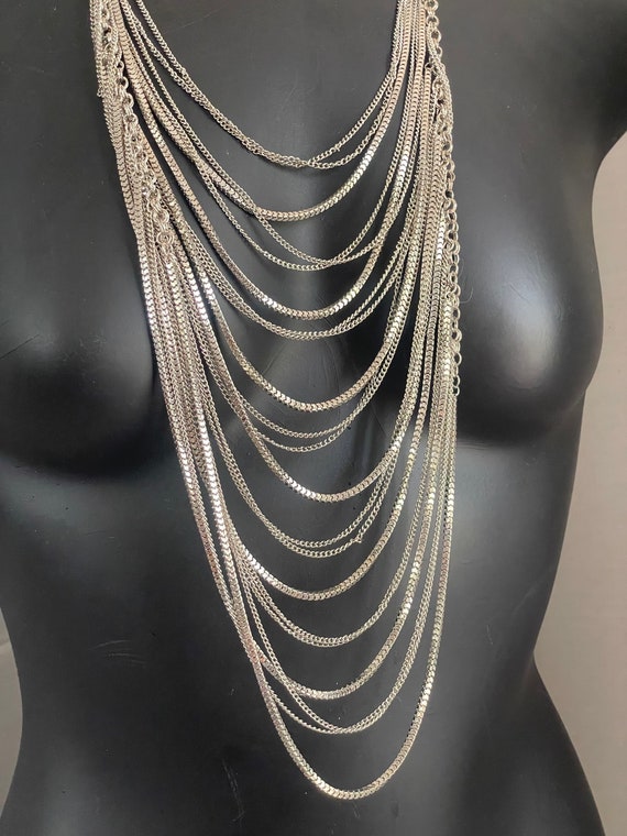 Silver Tone Metal Multichain Cascading Necklace R… - image 1
